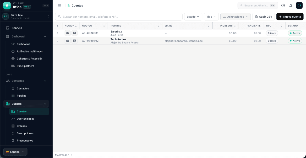 Gestión de cuentas, órdenes y suscripciones de Atlas con ingresos