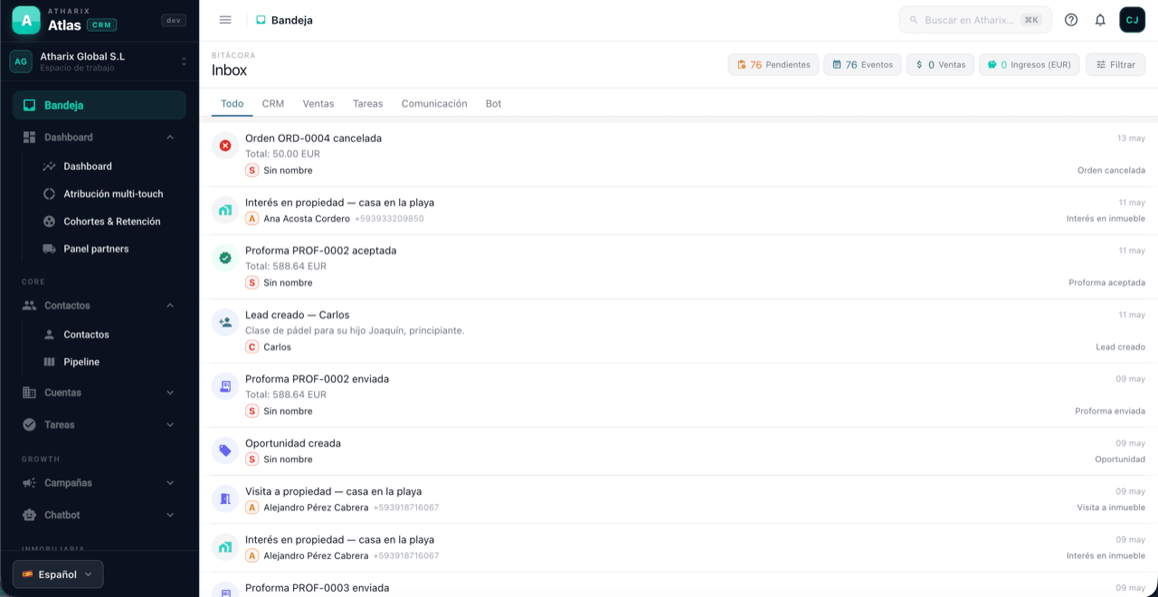 Bandeja unificada de Atlas con conversaciones, ventas y eventos del bot