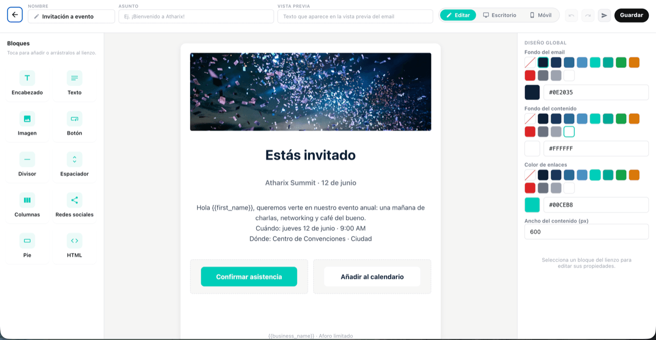 Editor visual de campañas de email de Atlas con vista previa