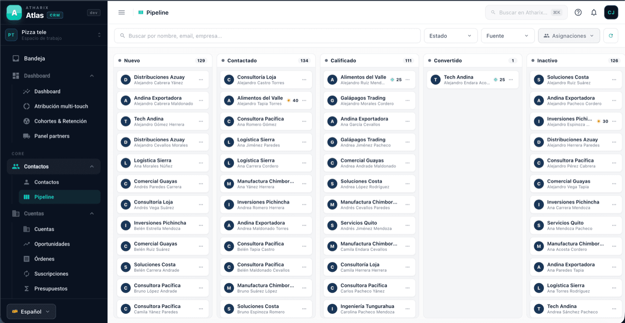 Pipeline visual de ventas de Atlas en tablero kanban por etapas