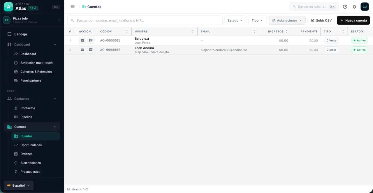 Gestión de cuentas, órdenes y suscripciones de Atlas con ingresos
