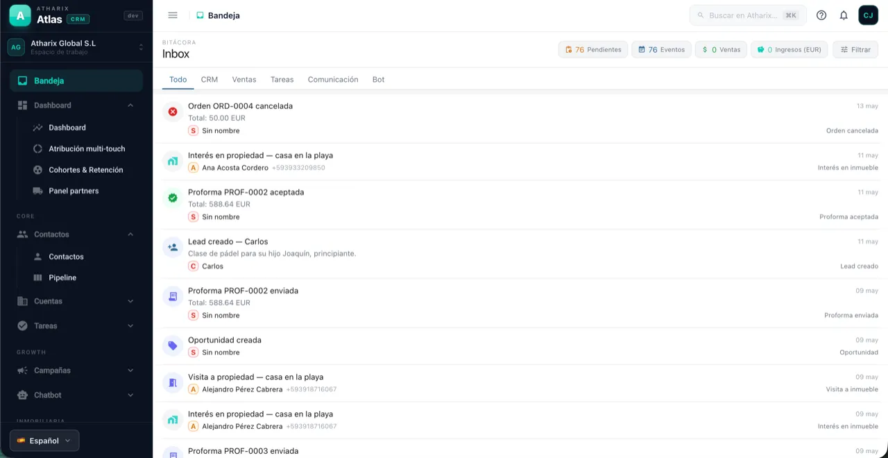 Bandeja unificada de Atlas con conversaciones, ventas y eventos del bot