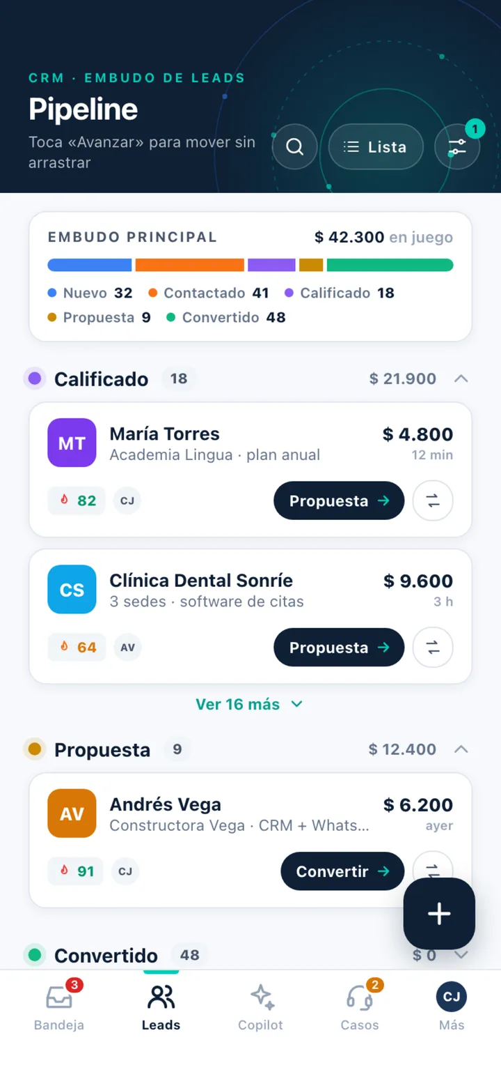 Pipeline de leads de Atlas en el móvil, por etapas y con el valor de cada una